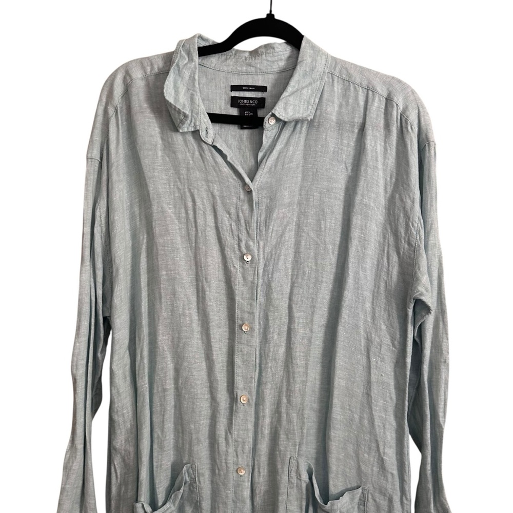 JNY JONES NY 100% Linen Light Blue T-Shirt Dress Tunic Top With Pockets- L - Picture 2 of 8